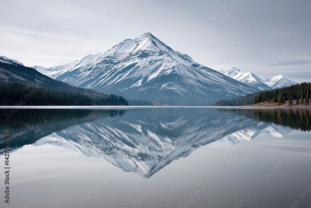 Naklejka premium Snow capped peak reflects perfectly in a calm alpine lake showcasing serene natural beauty