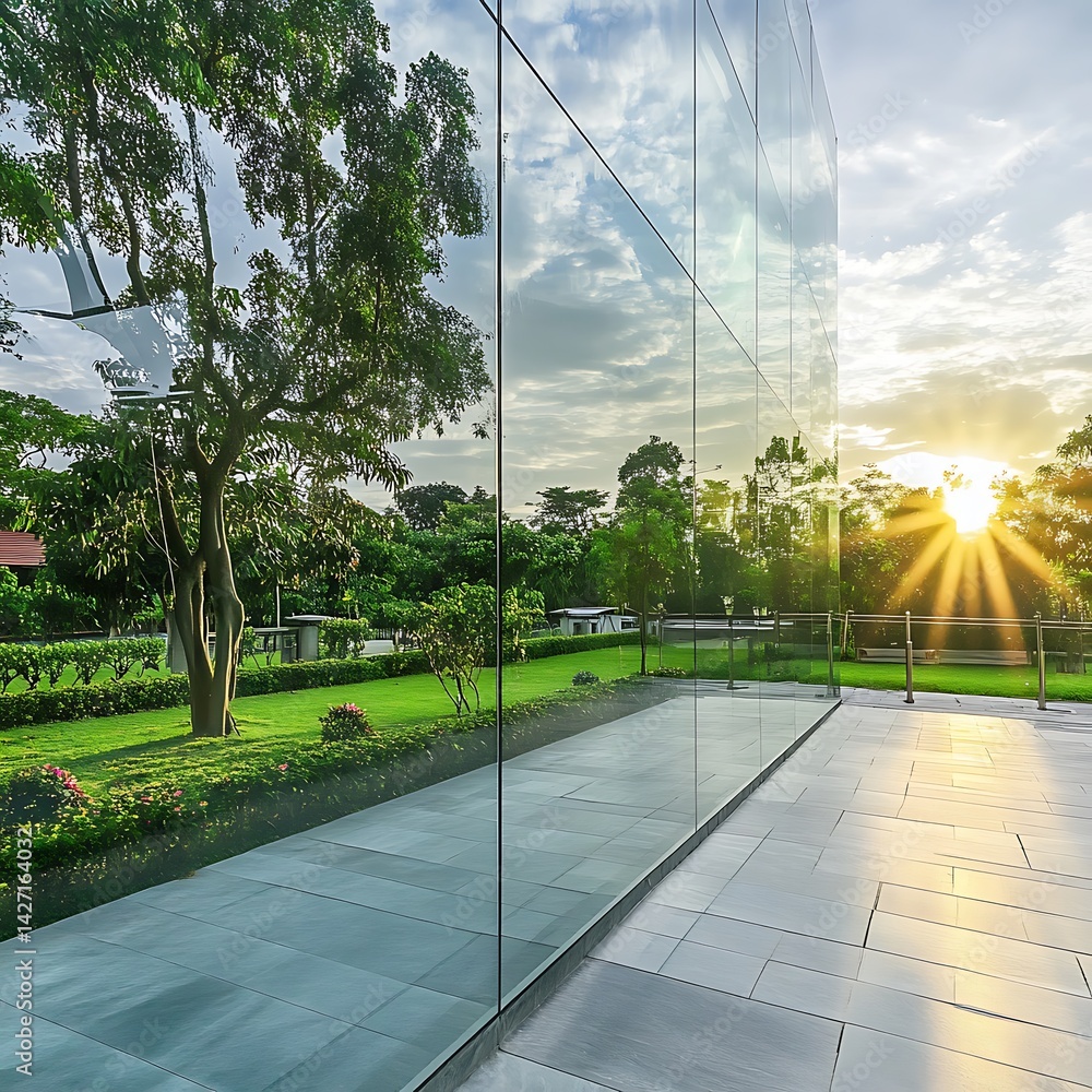 Modern glass building reflecting sunset lush green landscape paved walkway architectural design contemporary structure outdoor scene