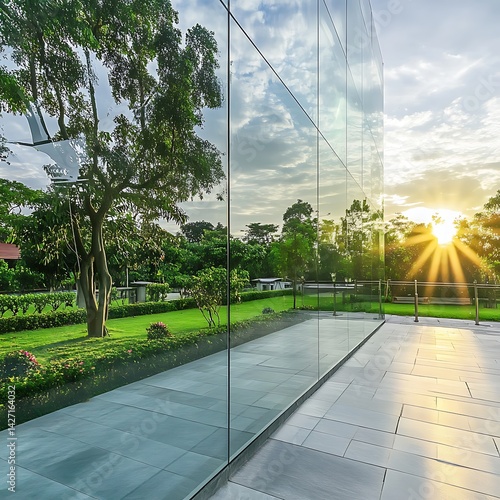 Obraz na płótnie Modern glass building reflecting sunset lush green landscape paved walkway architectural design contemporary structure outdoor scene w salonie
