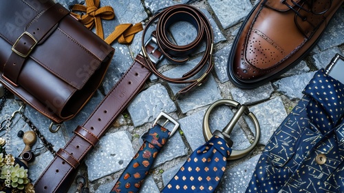 Classic men's accessories like ties, belts, shoes, and bags on a stone background, perfect for your next outfit.