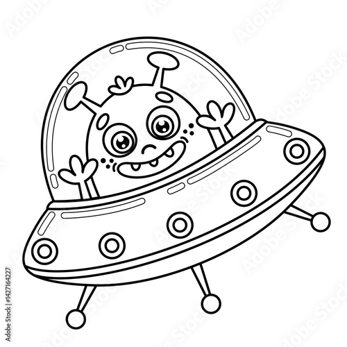Cartoon alien in flying saucer. Cute space extraterrestrial. Isolated outline vector black and white illustration. Contour clipart on a cosmos theme.