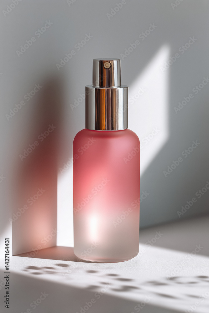 Frosted blank cosmetic perfume glass bottle with a gradient of pink to clear liquid and a silver pump, casting a shadow on a white surface.