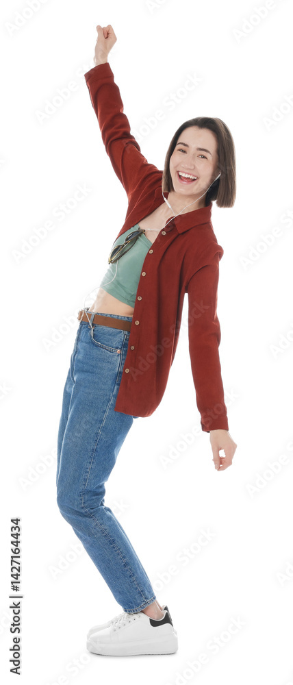 Obraz premium Happy woman in earphones dancing on white background