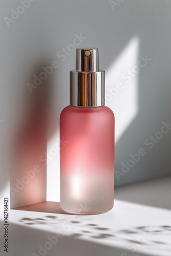 Obraz na płótnie Frosted blank cosmetic perfume glass bottle with a gradient of pink to clear liquid and a silver pump, casting a shadow on a white surface. w salonie