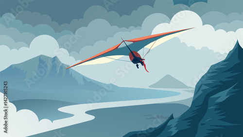 A skilled hang glider navigating through coastal fog with only the sound of crashing waves below.. Vector illustration