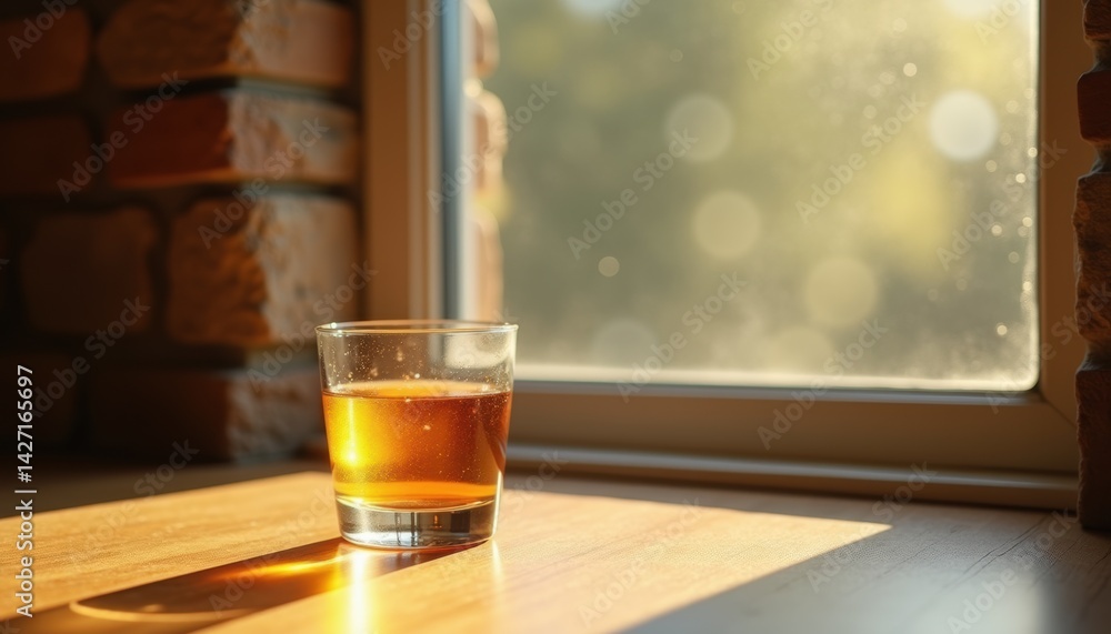 Glass of whiskey resting on a table by the window with sunlight Glass of whiskey resting on a table by the window with sunlight