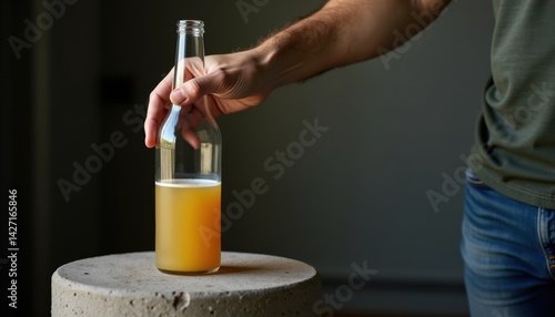 Hand reaching for a bottle of orange beverage on a pedestal  