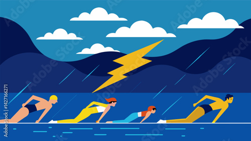 In the distance a storm brews but the swimmers remain undaunted focused on reaching the finish line.. Vector illustration