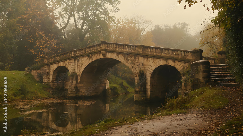 Fototapeta premium Misty Autumn Bridge Over Canal