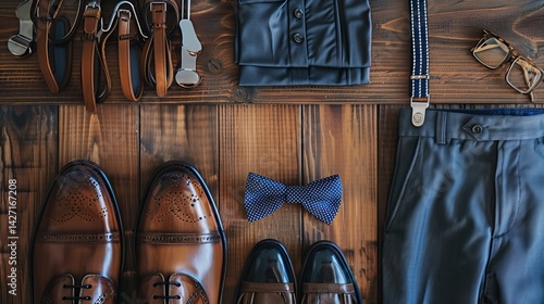 Men's formal wear, including dress shoes, suspenders, and a bow tie, arranged on a wooden table.
