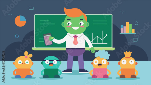 A character representing a budgeting app standing in front of a chalkboard and teaching a group of students about financial literacy and money. Vector illustration