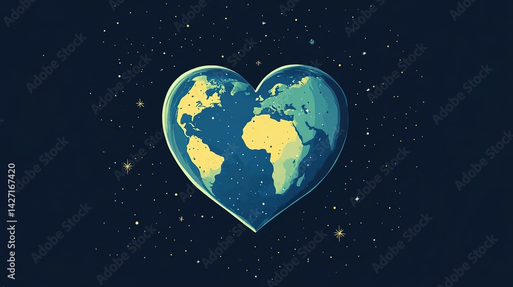 Fototapeta premium Heart-shaped Earth illustration floating in space with stars and cosmic background