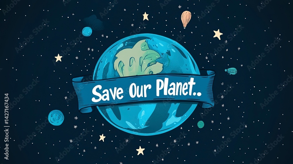 Fototapeta premium Flat illustration depicting Earth with a Save Our Planet banner promoting environmental awareness and protection