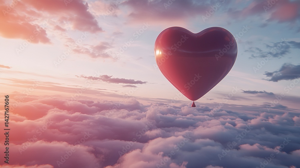 Fototapeta premium Heart-shaped balloon ascends into cloudy sky at sunset, symbolizing the act of letting go