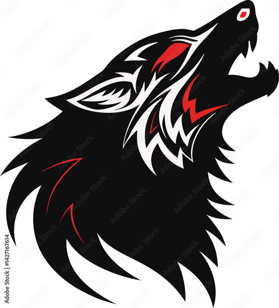 Obraz premium Title: Fierce Howling Wolf Head Vector Illustration with Tribal Accents and Red Eye Detail - Powerful Animal Design