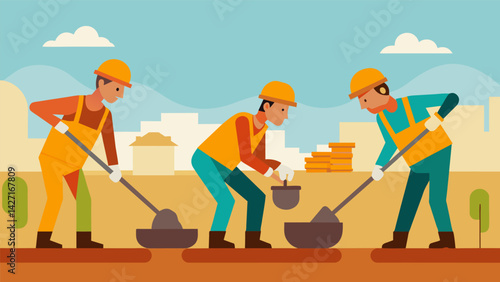 Construction of the first temporary restroom facility is underway with workers digging a trench for plumbing and preparing to install s and sinks.. Vector illustration
