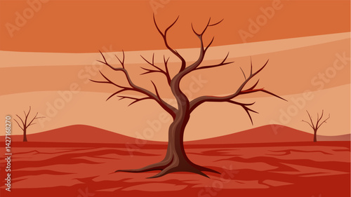 A withered tree stands alone on a barren landscape showcasing the stoic acceptance of the cyclical nature of life.. Vector illustration