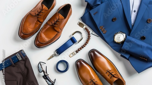 Stylish men's attire laid out on a white background. It includes a blue suit, brown shoes, a belt, watches, and a bracelet.