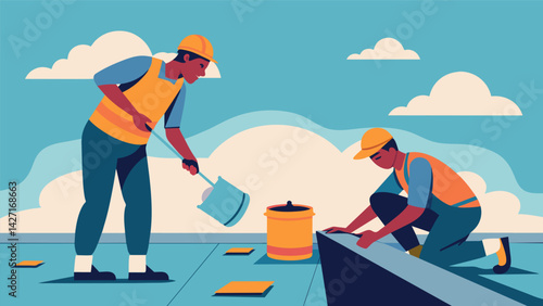 Construction workers carefully laying down a layer of waterproofing material on the rooftop before beginning the installation of the garden to prevent. Vector illustration