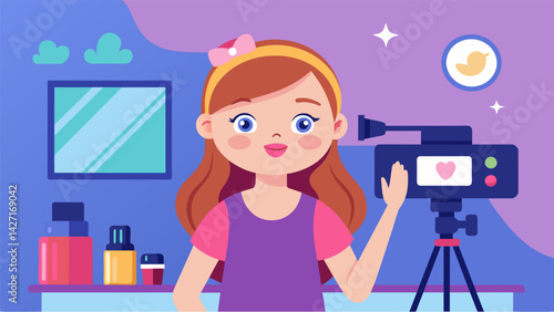 A young girl filming a makeup tutorial in a sponsored Instagram Reel featuring a brands childrens beauty line.. Vector illustration