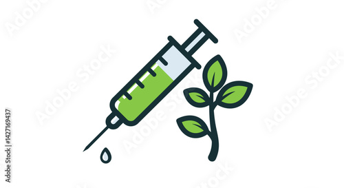 A good eco-friendly green vector. Syringe with green liquid and plant leaves