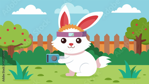 A fluffy bunny hopping through their backyard their headband cam documenting their daily foraging and nibbling.. Vector illustration