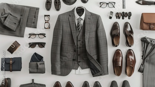 Stylish gray suits, clothing items, and accessories displayed on a white backdrop.