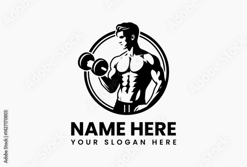 Male silhouette formed by negative space in dumbbell, clever minimalist gym emblem