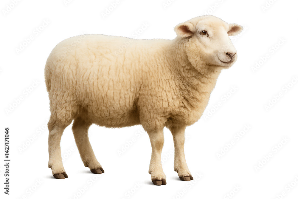Fototapeta premium Sheep Standing on a White Background in a Calm and Serene Posture During Daylight