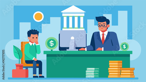 A scene of a government official behind a desk counting money while a private banker stands behind a desk with a computer and stacks of paperwork. Vector illustration