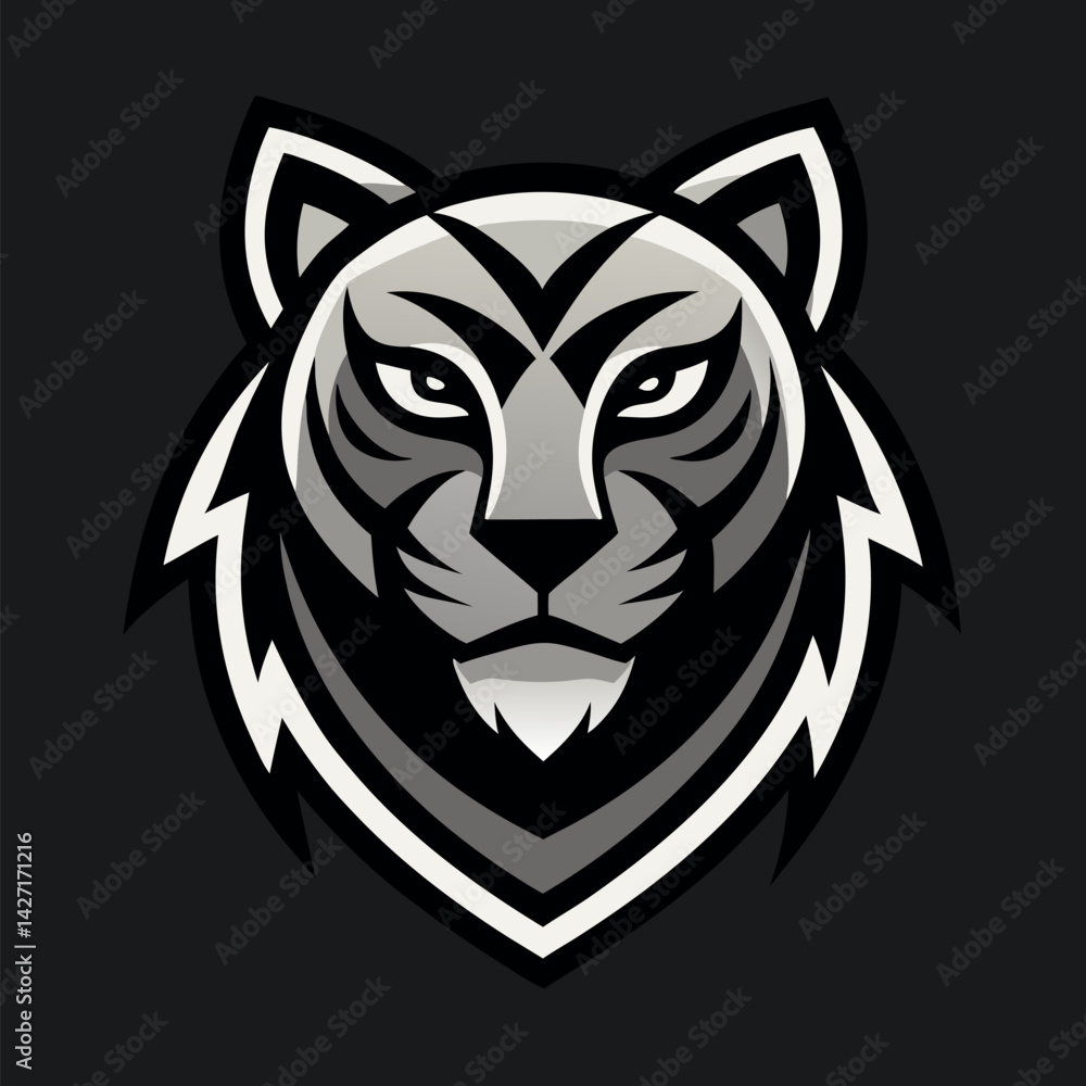 Fototapeta premium Fierce Tiger Face: Bold graphic of a majestic tiger, with intense gaze and strong facial features, ideal for sports team logos and other applications.
