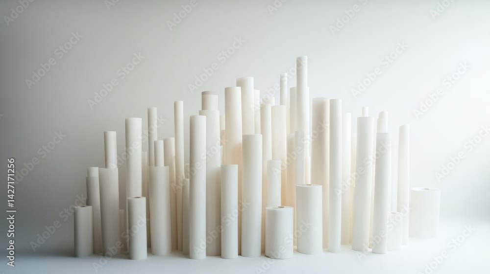 Creative arrangement of white cylindrical objects creating a modern art installation in a minimalist setting Creative arrangement of white cylindrical objects creating a modern art installation in a minimalist setting