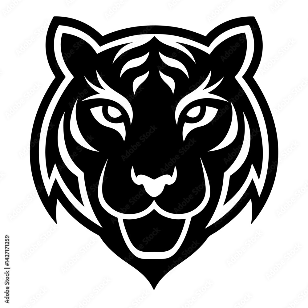 Fototapeta premium Tiger Silhouette: A bold, black and white graphic representation of a tiger's head, exuding power and precision in its simple, striking design. 
