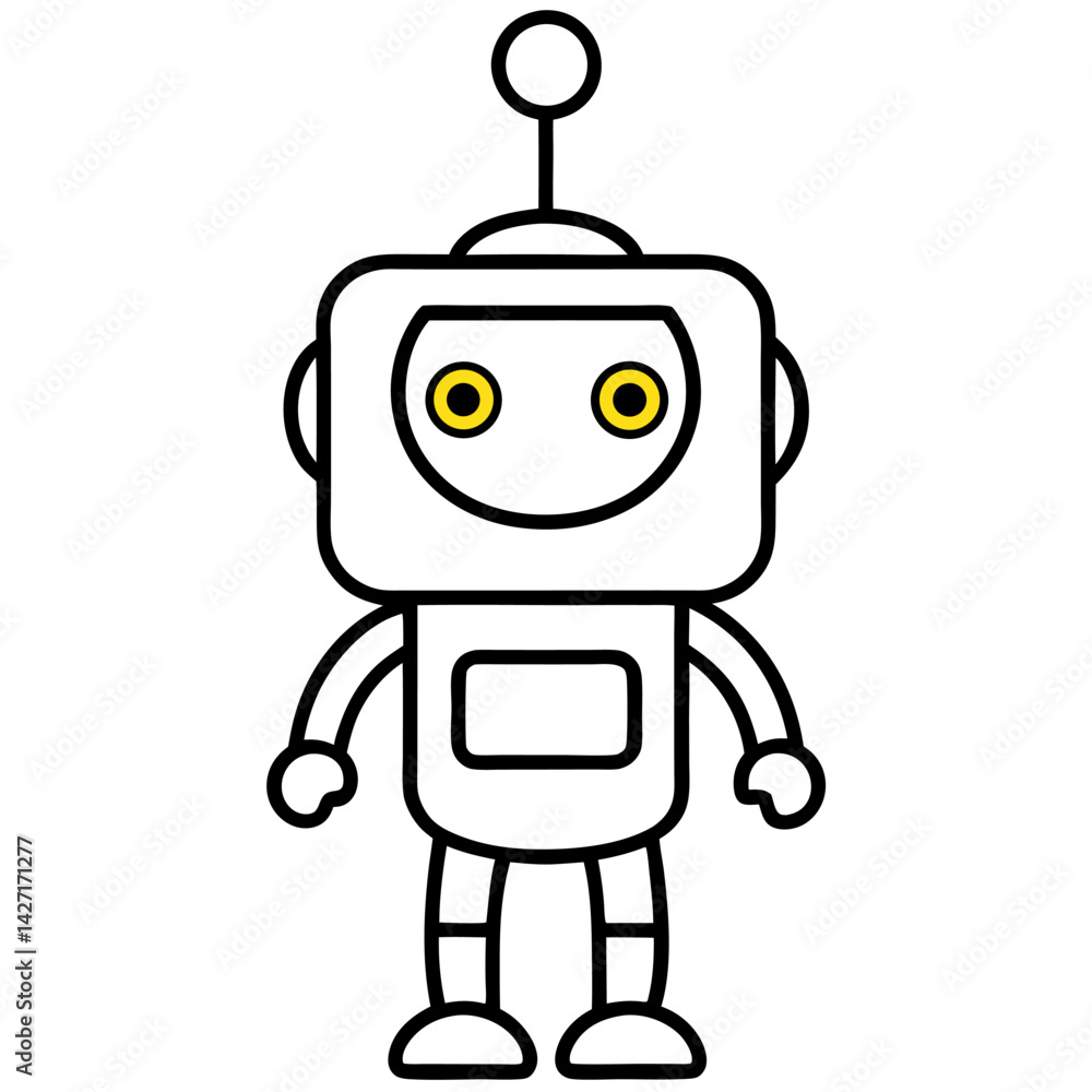 Friendly Robot: A friendly robot character with a square head, yellow eyes and antenna is smiling and waving to the viewer, evoking feelings of warmth, connection, and a bright future. Friendly Robot: A friendly robot character with a square head, yellow eyes and antenna is smiling and waving to the viewer, evoking feelings of warmth, connection, and a bright future.