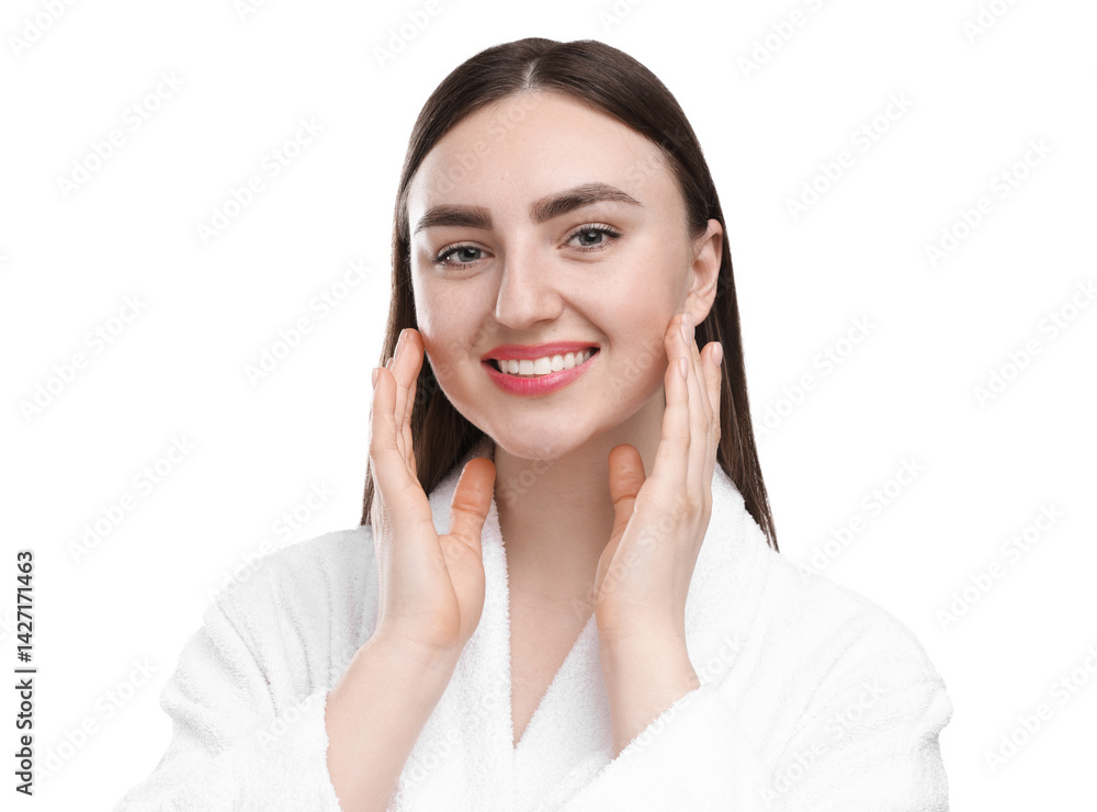 Portrait of smiling woman with healthy skin on white background Portrait of smiling woman with healthy skin on white background