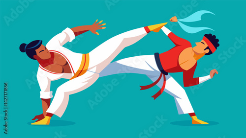 Just like a graceful duo in a dance performance two Capoeira warriors engage in a captivating match each move a combination of rhythm and combat.. Vector illustration