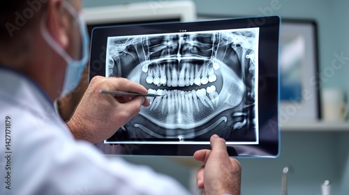 The dentist points at a dental X-ray picture and explains to his patient that their wisdom tooth is impacted, meaning it's blocked from growing into its proper position.