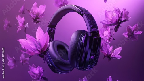 A pair of headphones adorned with pink and yellow flowers rests on a table set against a blue backdrop