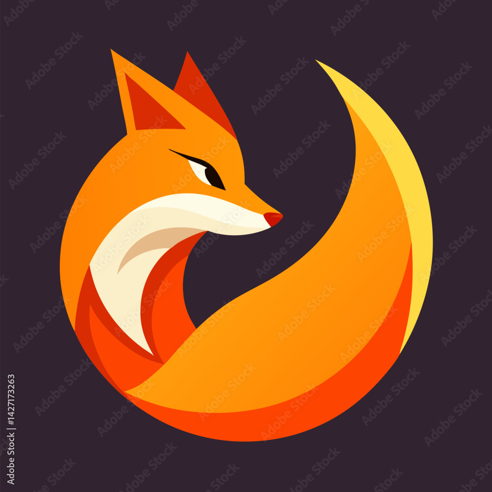Obraz premium Fox Tail Logo: A vibrant, stylized fox with its tail forming a circle in a captivating, bold orange and yellow color palette on a dark background.