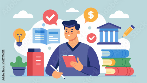 A student attending a financial planning seminar on campus taking notes and asking questions related to balancing their business expenses with their. Vector illustration