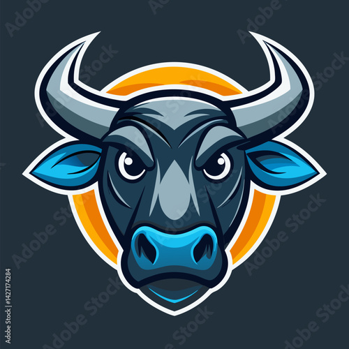 Angry Bull Mascot Logo: A fierce bull head mascot logo design, featuring a dark gray bull with light blue accents, set against a vibrant orange circular background.