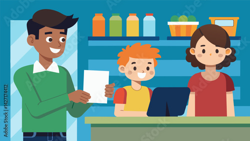 A teenager standing behind a grocery store counter his face lit up with pride as he hands over a paycheck to his parents eager to help pay for his. Vector illustration