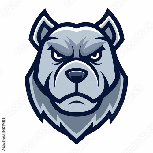 Intense Pitbull Mascot: A stylized illustration of a pitbull's fierce visage with a determined gaze and powerful jawline. The illustration is rendered in blue and white, with a bold, minimalist style.