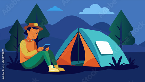 A scout takes a break from pitching their tent using a specialized tentpitching app on their phone to ensure a sy and secure shelter for the night.. Vector illustration