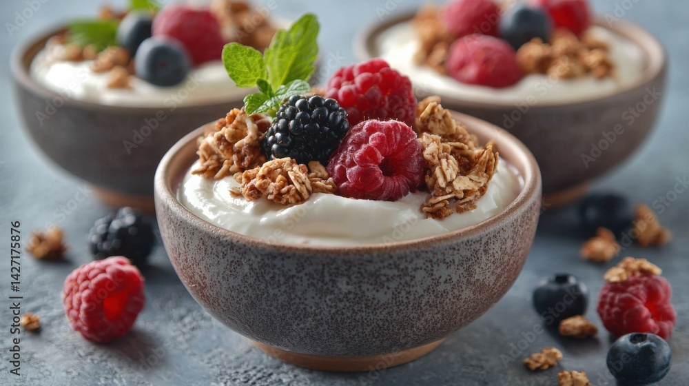 Delicious and Healthy Breakfast Bowls, Yogurt with Granola and Berries Delicious and Healthy Breakfast Bowls, Yogurt with Granola and Berries