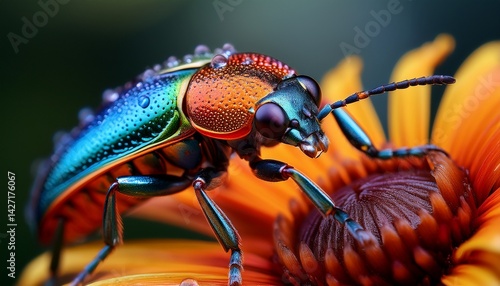 a close up view of a vibrant insect showcasing intricate details and vivid colors