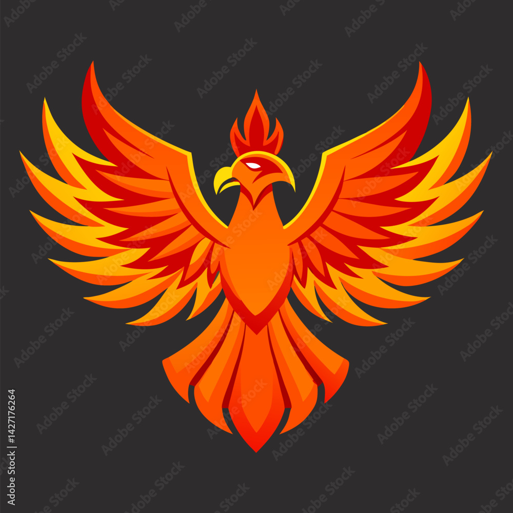 Fototapeta premium Phoenix Rising: A vibrant illustration of a phoenix, wings spread wide in a powerful display of rebirth, strength, and eternal life. The fiery hues of orange and red evoke a sense of awe and wonder.