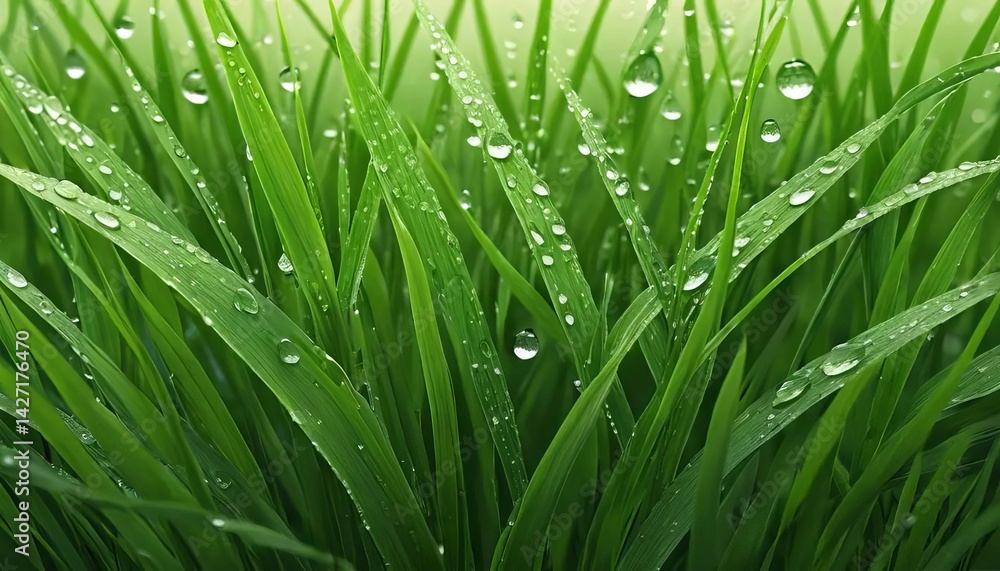 Fototapeta premium Close up of vibrant green grass blades covered in glistening water droplets after a fresh rain shower