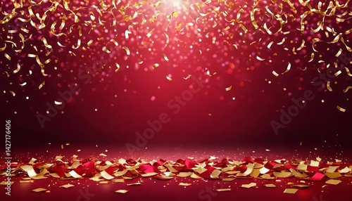 A festive red background with falling golden confetti and a scattering on the floor surface