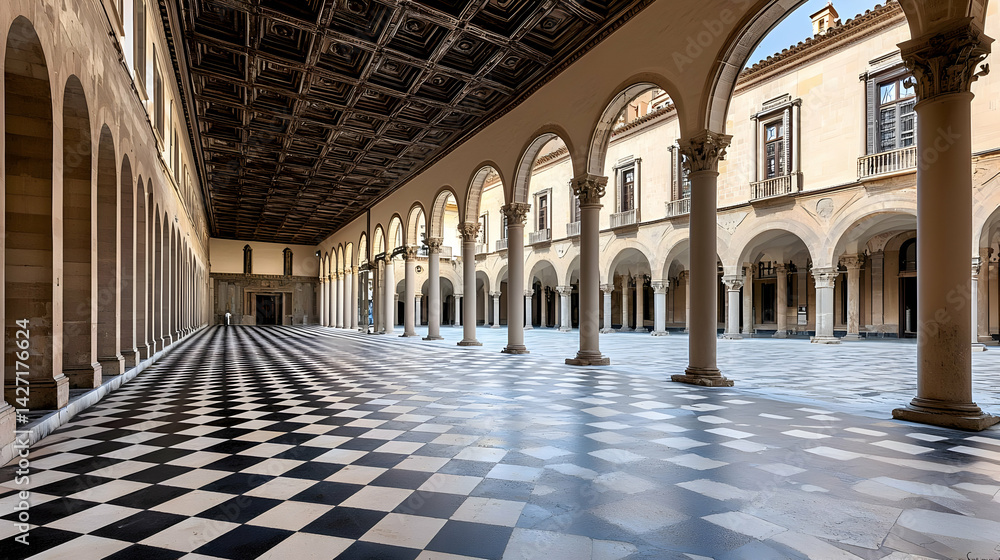Grand European Courtyard With Checkered Floor And Arched Columns Grand European Courtyard With Checkered Floor And Arched Columns